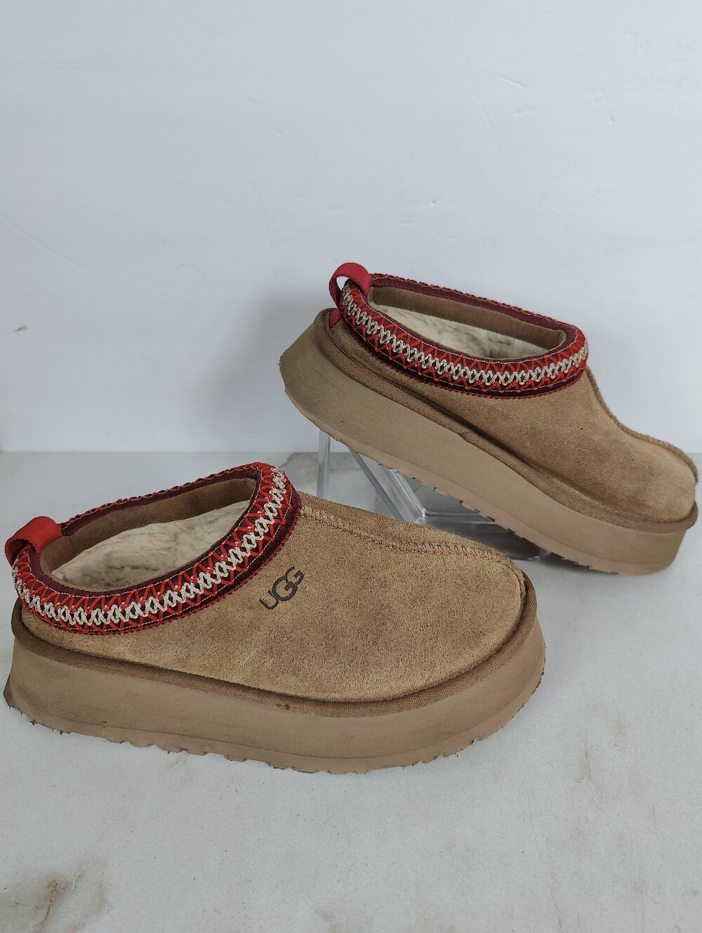 UGG Tazz Tan Suede Sheepskin Lined Platform Slippers, Sz 5